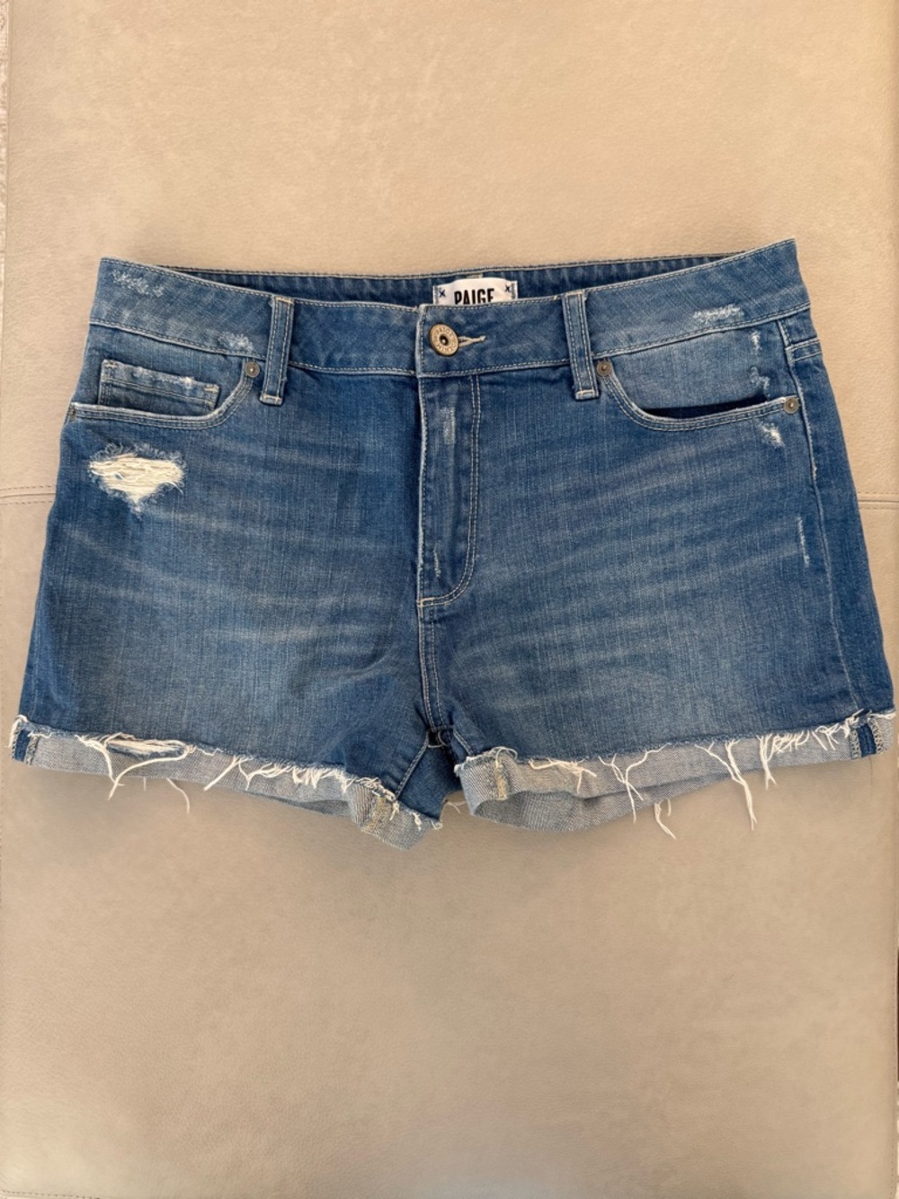 PAIGE Blue Denim Frayed Hem Jean Shorts